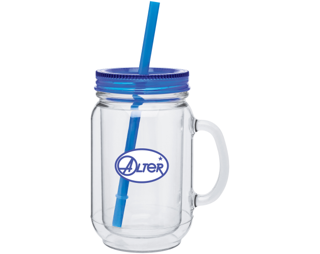 18 Oz. Mason Mug With Blue Lid & Straw