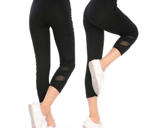 Black Sport Capri Yoga Pants with Mesh Inset