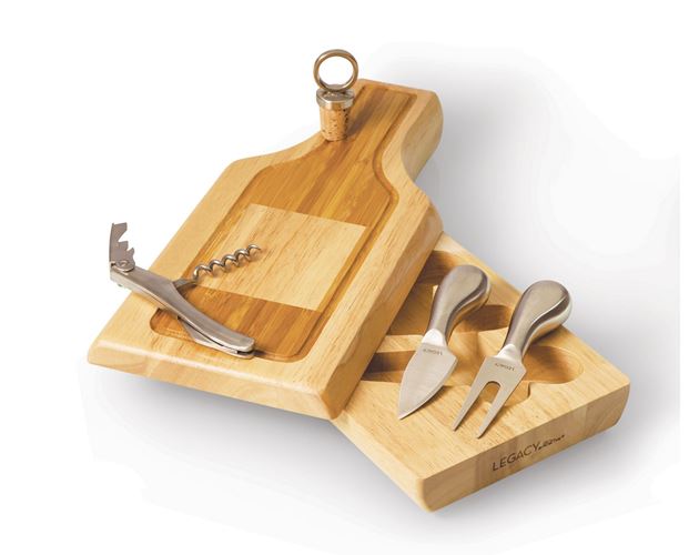 Silhouette Bottle Shaped Cutting Board w/4 Wine & Cheese Tools
