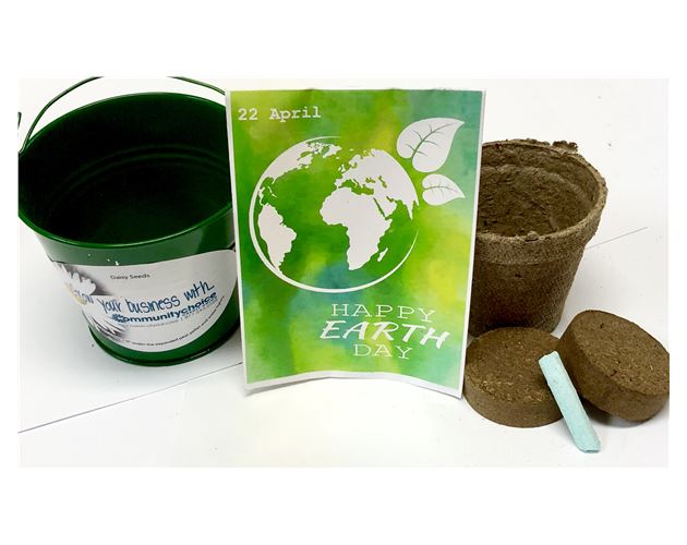 Earth Day Seed Packet in Green Metal Bucket Garden Kit