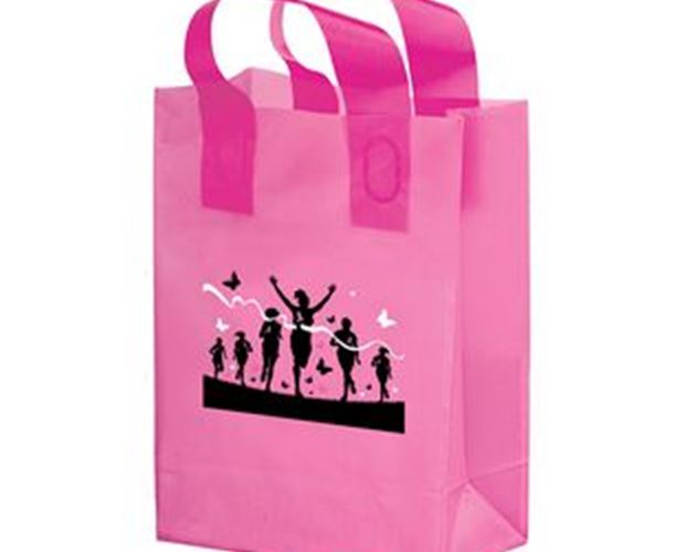 Breast Cancer Awareness Pink Frosted Soft Loop Plastic Shopper w/Insert (8"x4"x10.5")- Flexo Ink