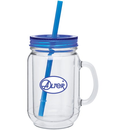 18 Oz. Mason Mug With Blue Lid & Straw