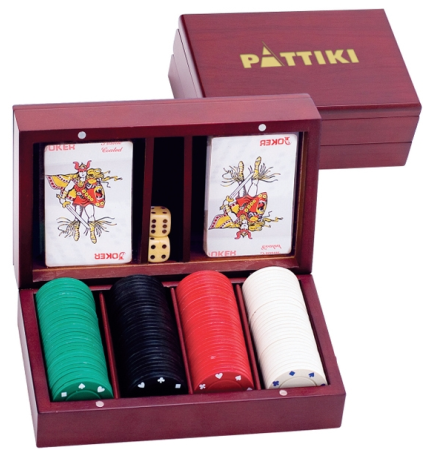 Wooden Game Box Set with Playing Cards & Poker Chips