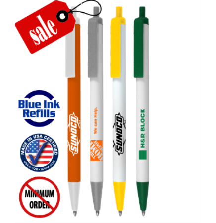 Union Printed White & Colored Barrels "USA Blue Ink Pens" - Clic Stic