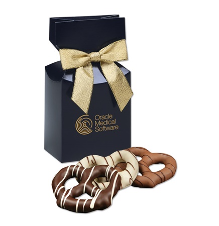 Chocolate Covered Pretzels in Navy Gift Box